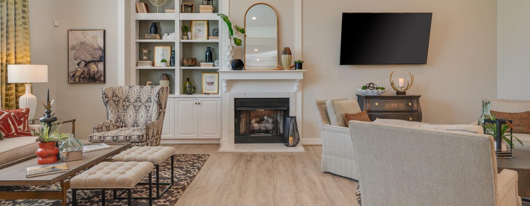 a living room with a fireplace